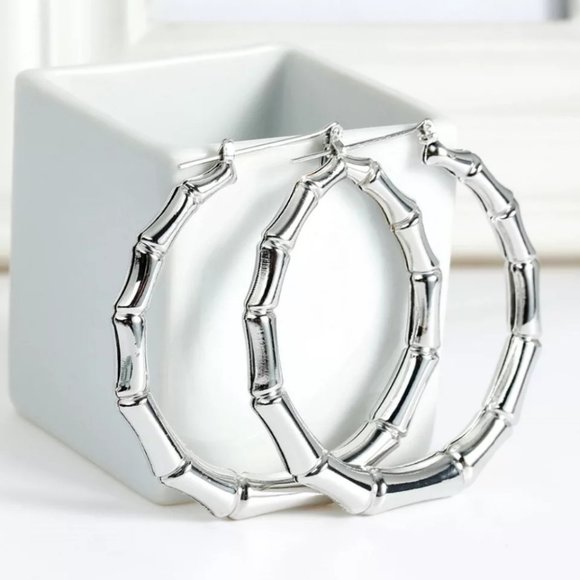 Anthropologie Jewelry - European and American Hyperbole Silver Co Hoop Round Bamboo pattern Earrings